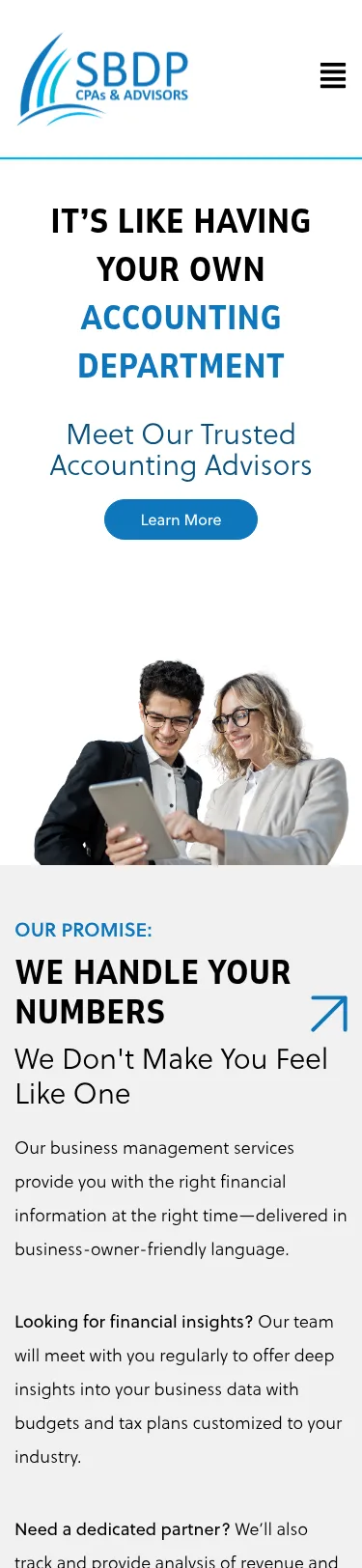 Новая разработка на WordPress для CPA-консалтинга (23 страницы) за 165 дней — вид на mobile при ширине 375 px