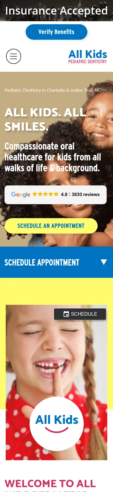 Новая разработка на WordPress для детской стоматологии (29 страниц) за 389 дней — вид на mobile при ширине 375 px